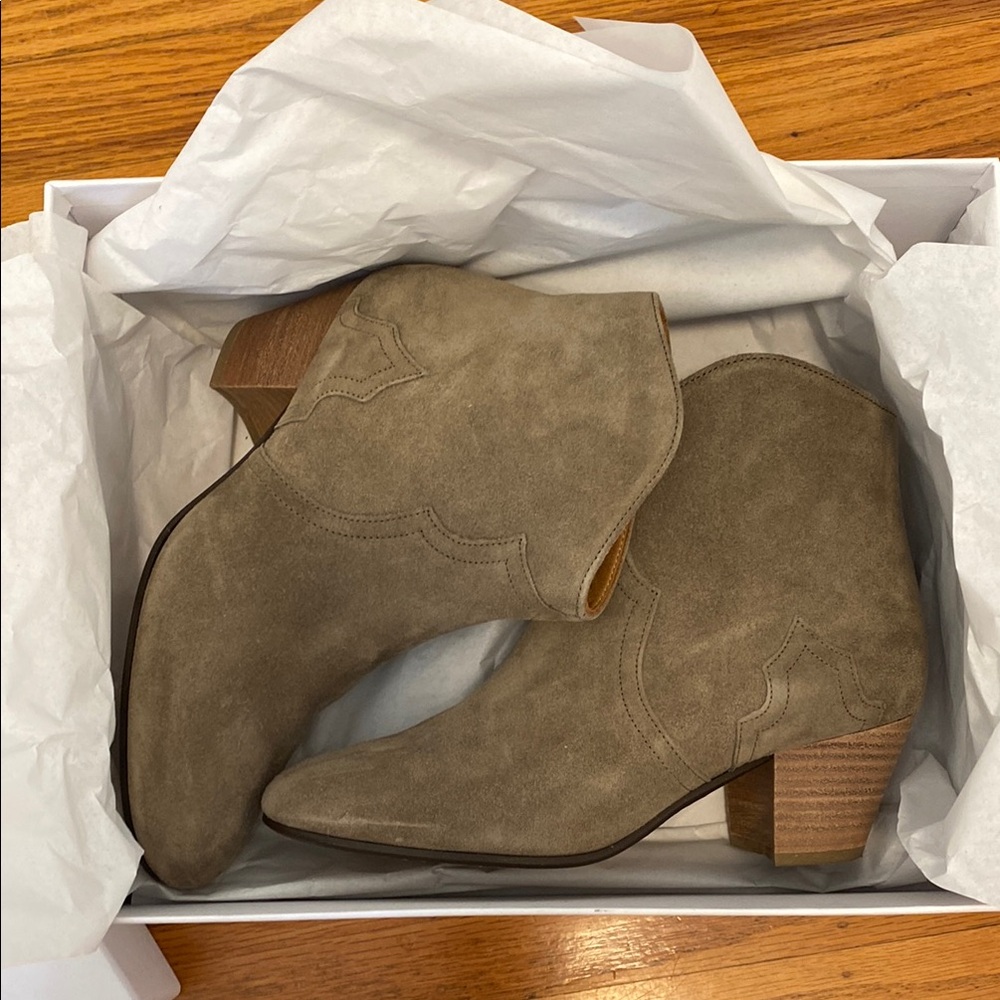 Isabel Marant Dicker Suede Western Ankle Bootie in Taupe - Picture 2 of 12